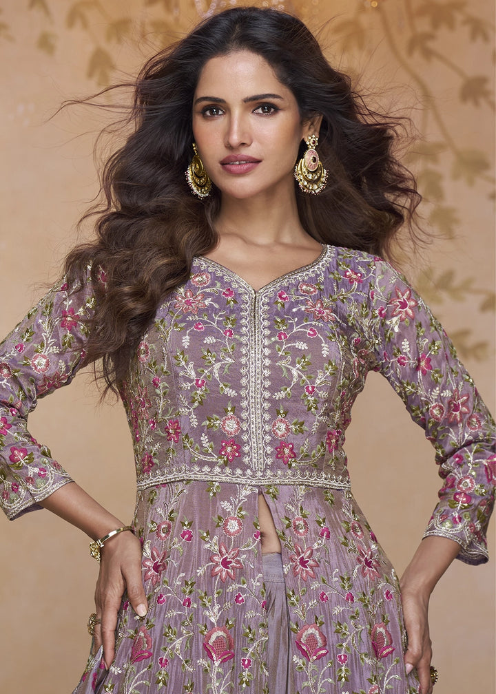 Iris Purple Front Slit Anarkali Gown in Simar Silk with Embroidered Work