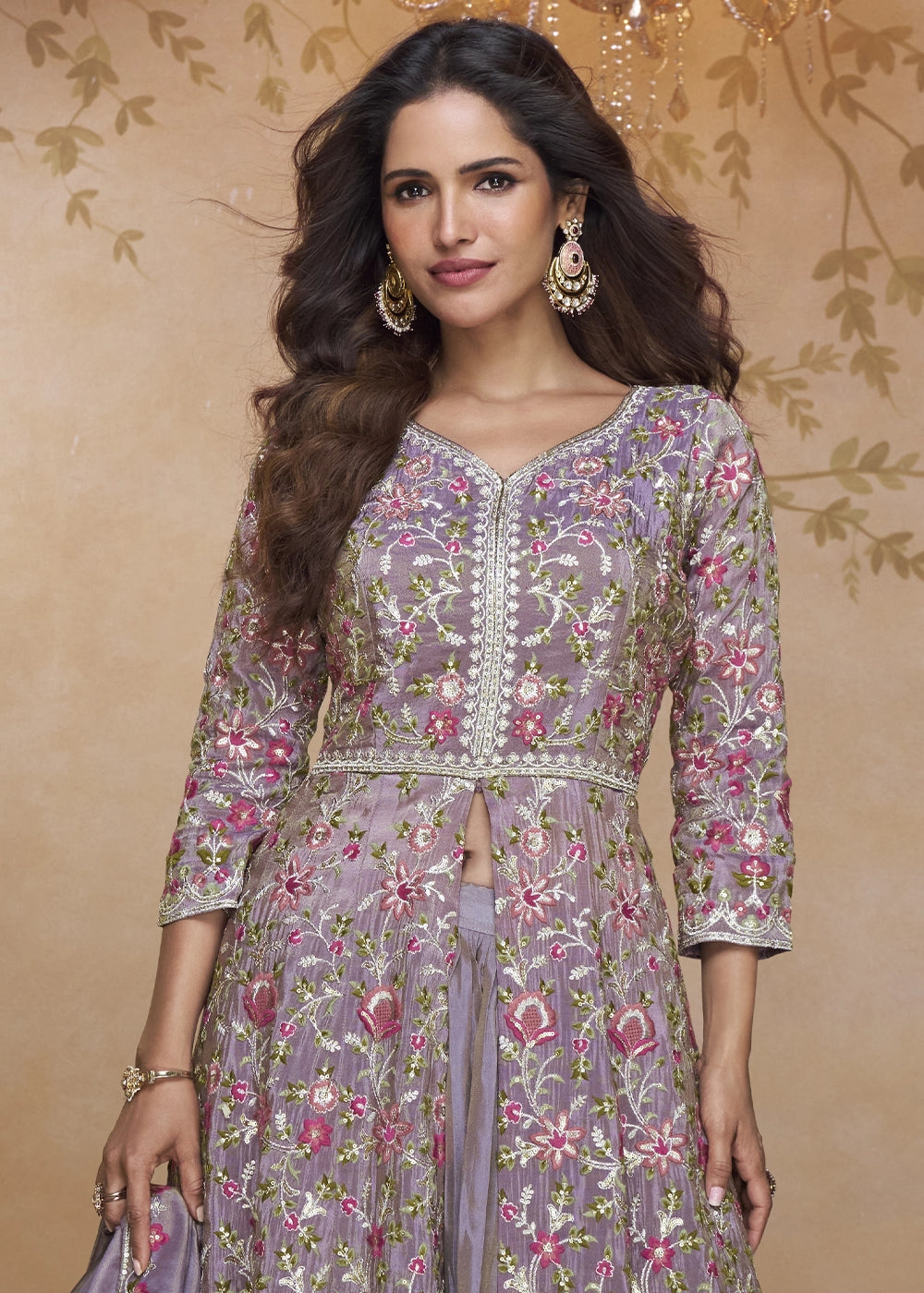 Iris Purple Front Slit Anarkali Gown in Simar Silk with Embroidered Work