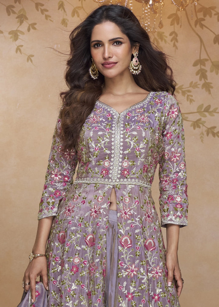 Iris Purple Front Slit Anarkali Gown in Simar Silk with Embroidered Work