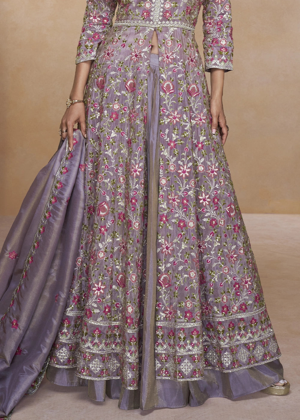 Iris Purple Front Slit Anarkali Gown in Simar Silk with Embroidered Work