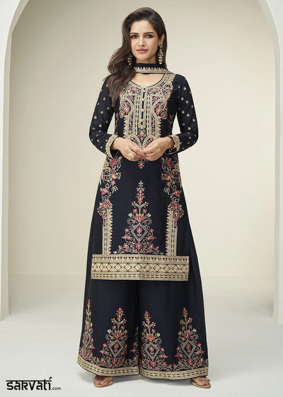 Pebble Black Chinon Silk Palazzo Suit with Handcrafted Floral Embroidery