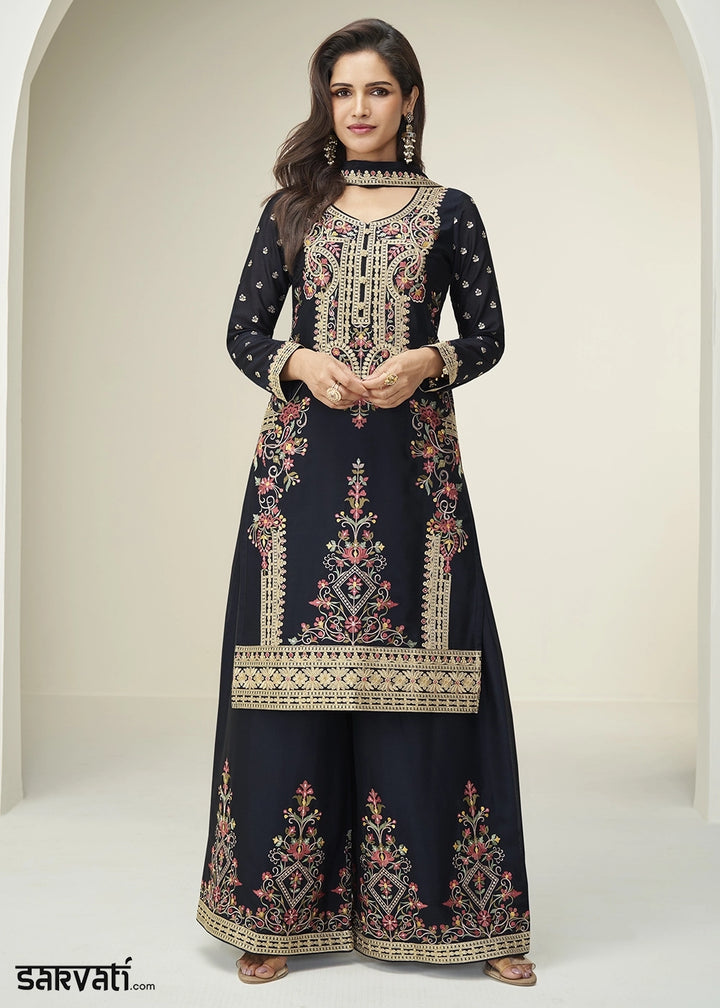 Pebble Black Chinon Silk Palazzo Suit with Handcrafted Floral Embroidery