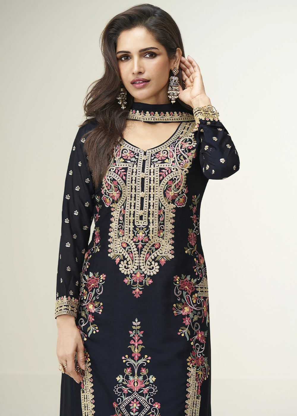 Pebble Black Chinon Silk Palazzo Suit with Handcrafted Floral Embroidery