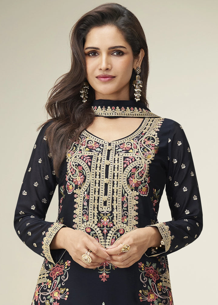 Pebble Black Chinon Silk Palazzo Suit with Handcrafted Floral Embroidery