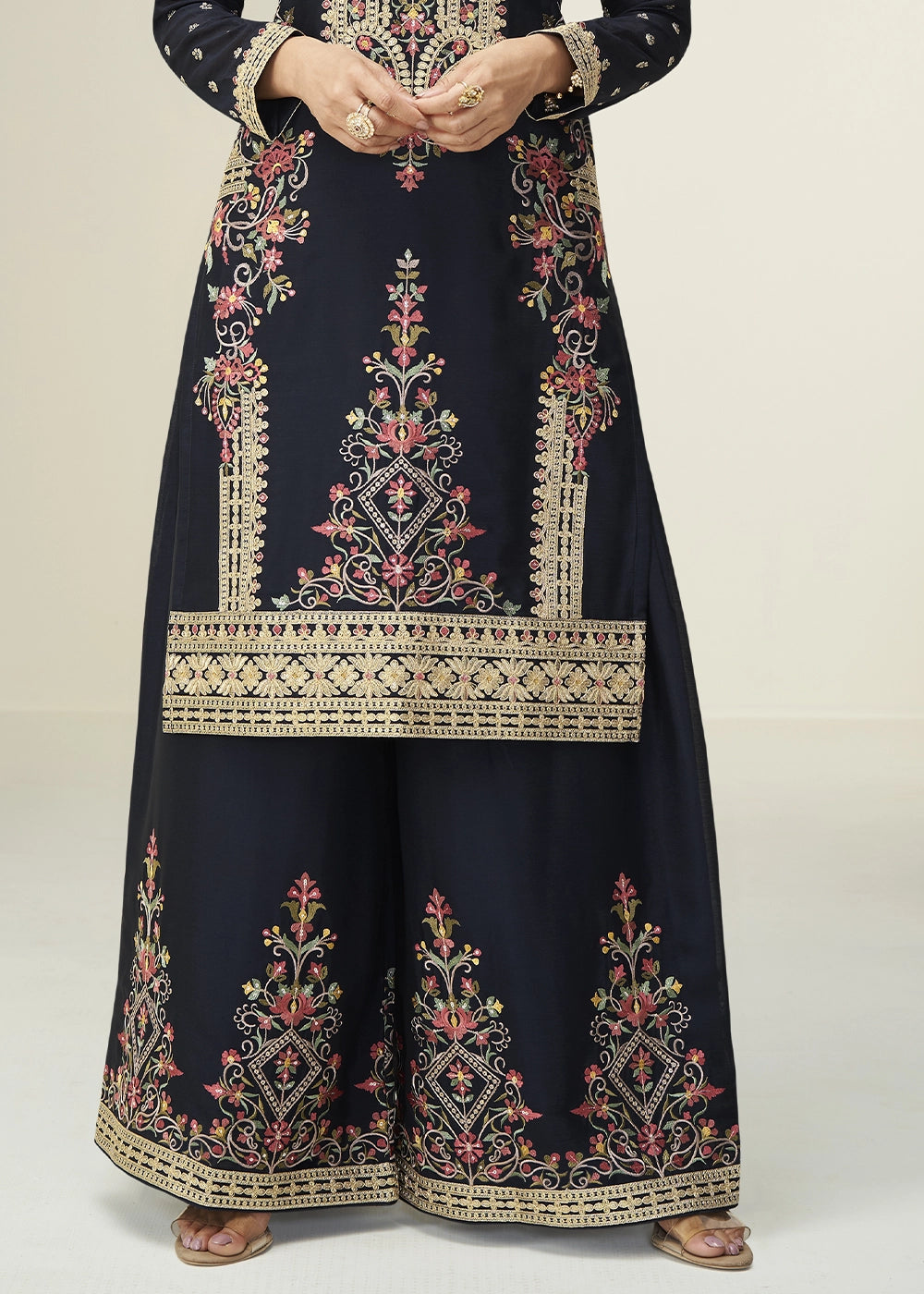 Pebble Black Chinon Silk Palazzo Suit with Handcrafted Floral Embroidery