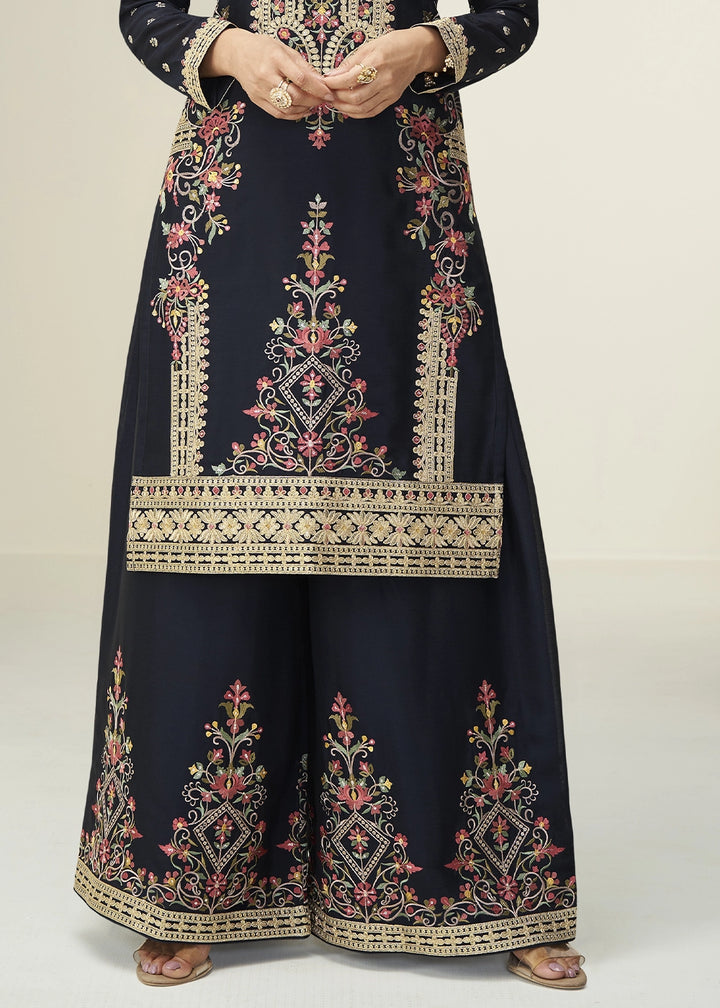 Pebble Black Chinon Silk Palazzo Suit with Handcrafted Floral Embroidery