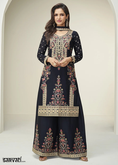 Pebble Black Chinon Silk Palazzo Suit with Handcrafted Floral Embroidery