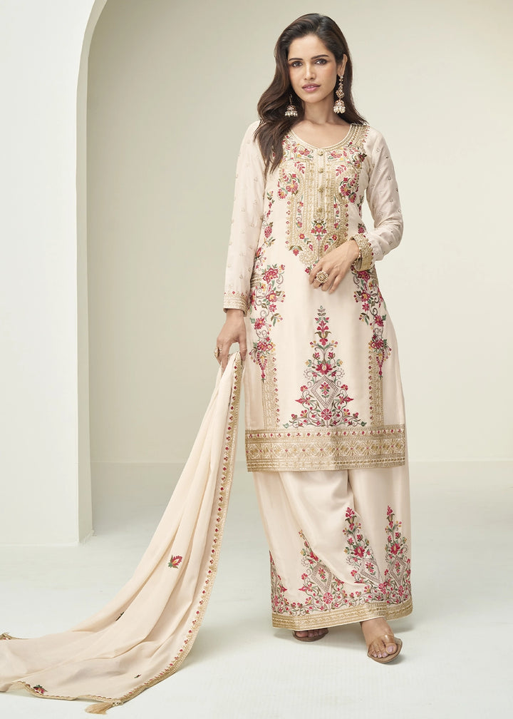 Cream White Chinon Silk Palazzo Suit with Handcrafted Floral Embroidery