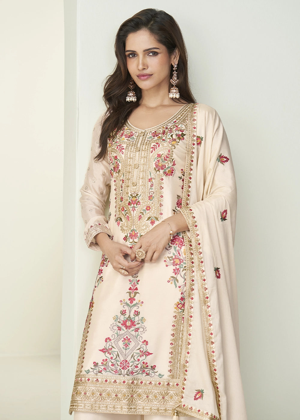 Cream White Chinon Silk Palazzo Suit with Handcrafted Floral Embroidery
