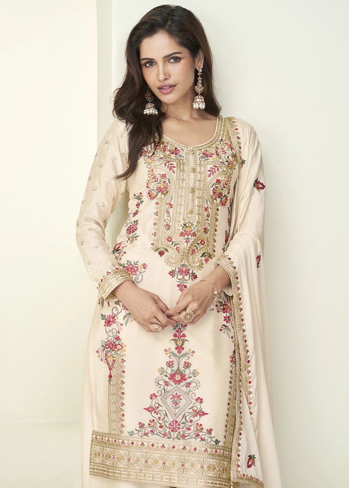 Cream White Chinon Silk Palazzo Suit with Handcrafted Floral Embroidery