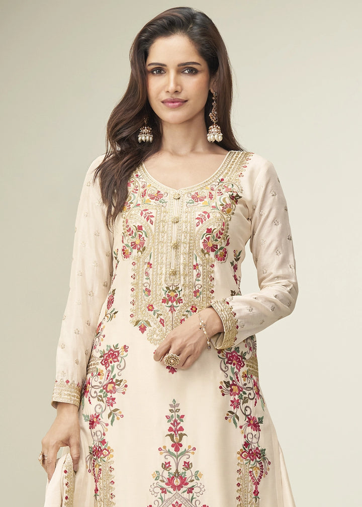 Cream White Chinon Silk Palazzo Suit with Handcrafted Floral Embroidery