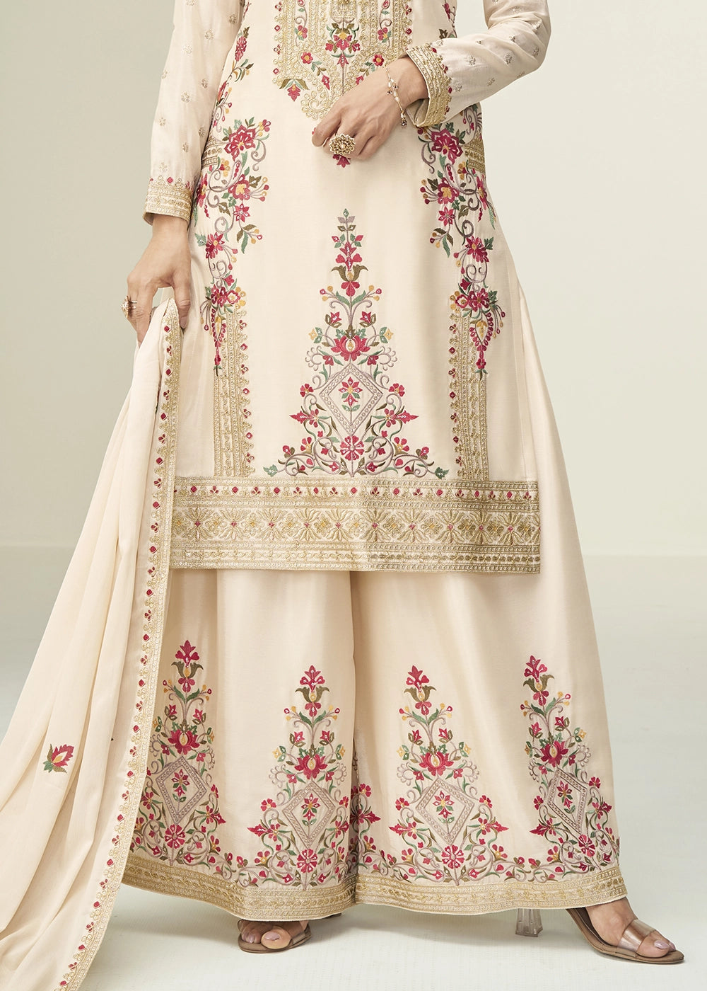Cream White Chinon Silk Palazzo Suit with Handcrafted Floral Embroidery