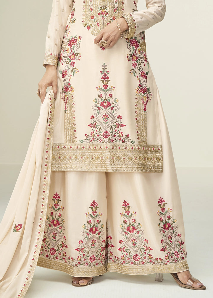 Cream White Chinon Silk Palazzo Suit with Handcrafted Floral Embroidery