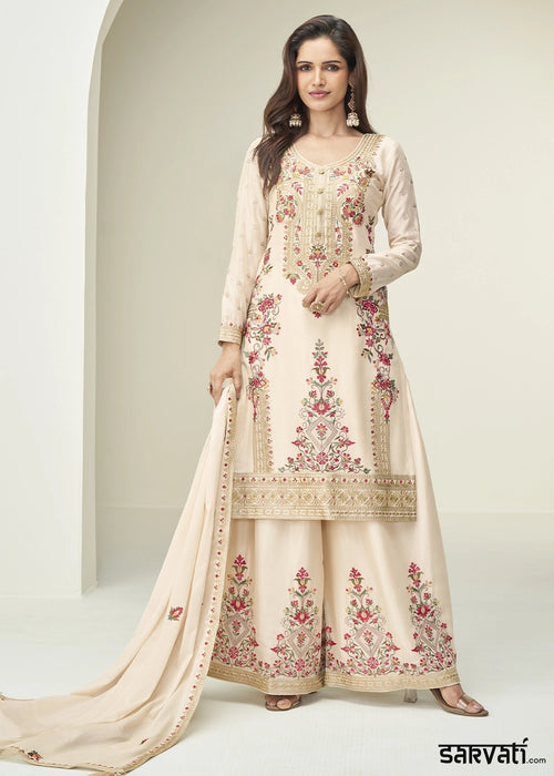 Cream White Chinon Silk Palazzo Suit with Handcrafted Floral Embroidery