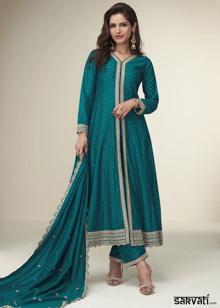 Jade Blue Embroidered Salwar Suit in Silk Fabric