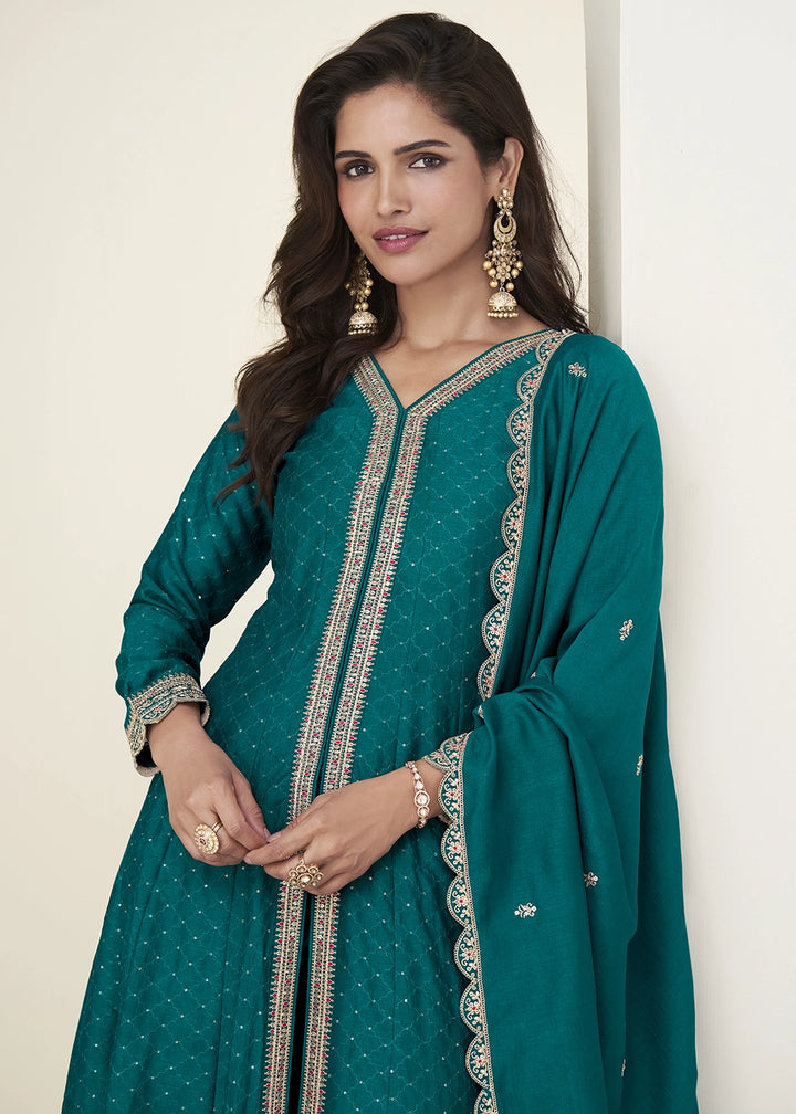Jade Blue Embroidered Salwar Suit in Silk Fabric