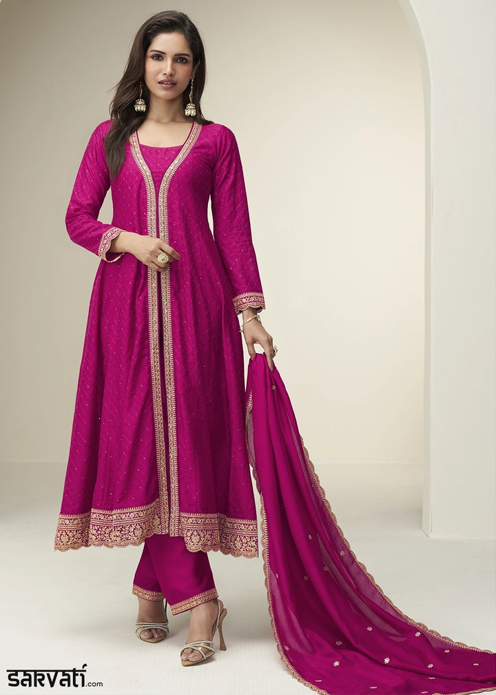 Hot Pink Embroidered Salwar Suit in Silk Fabric