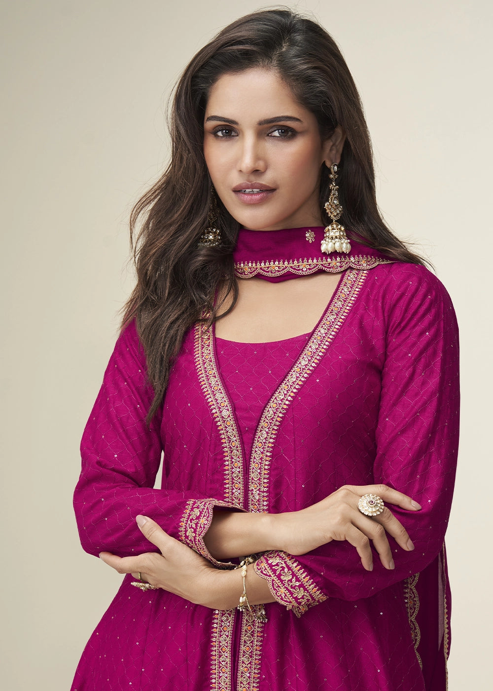 Hot Pink Embroidered Salwar Suit in Silk Fabric