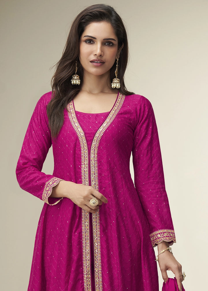Hot Pink Embroidered Salwar Suit in Silk Fabric