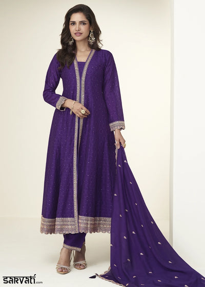 Indigo Purple Embroidered Salwar Suit in Silk Fabric