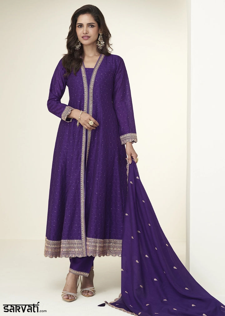 Indigo Purple Embroidered Salwar Suit in Silk Fabric