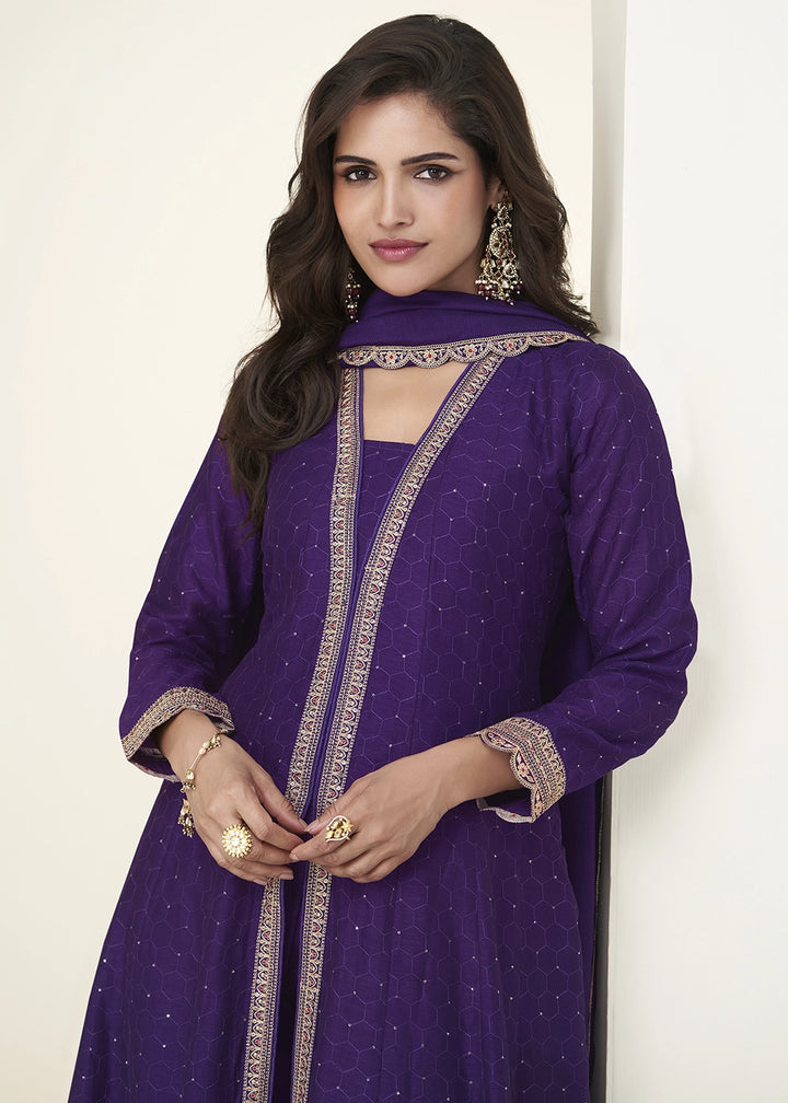 Indigo Purple Embroidered Salwar Suit in Silk Fabric