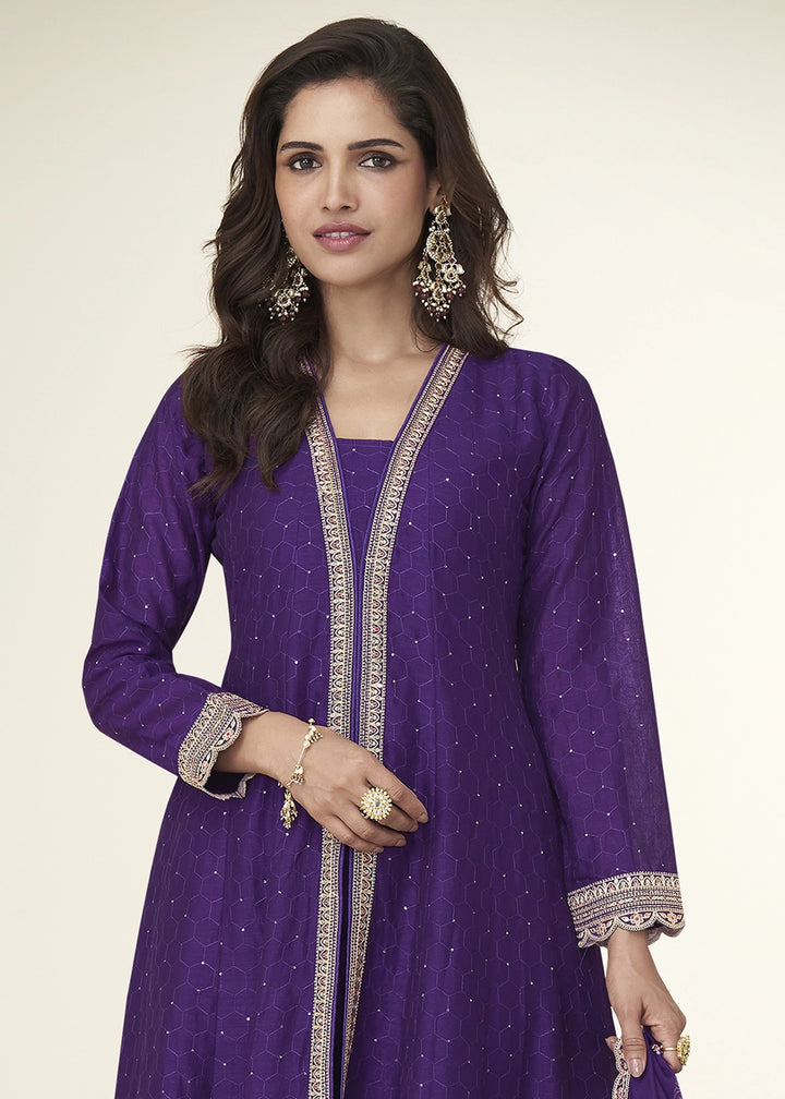 Indigo Purple Embroidered Salwar Suit in Silk Fabric