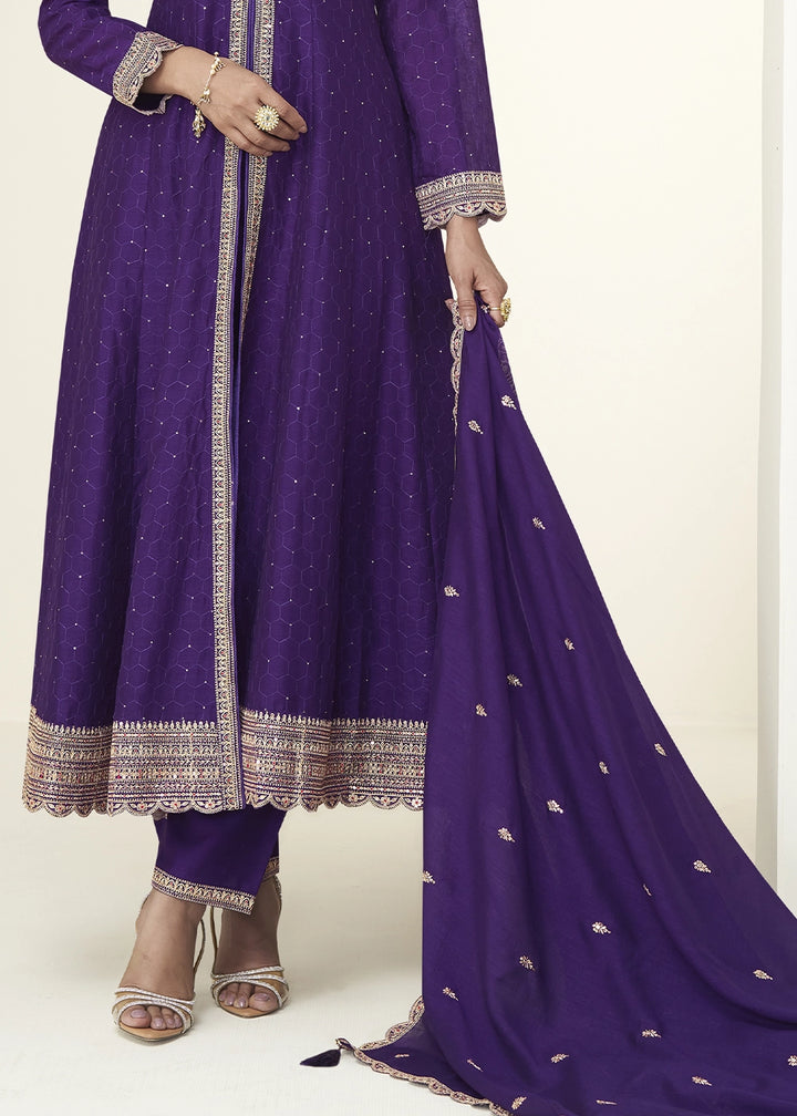 Indigo Purple Embroidered Salwar Suit in Silk Fabric