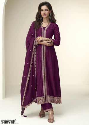 Tyrian Purple Embroidered Salwar Suit in Silk Fabric
