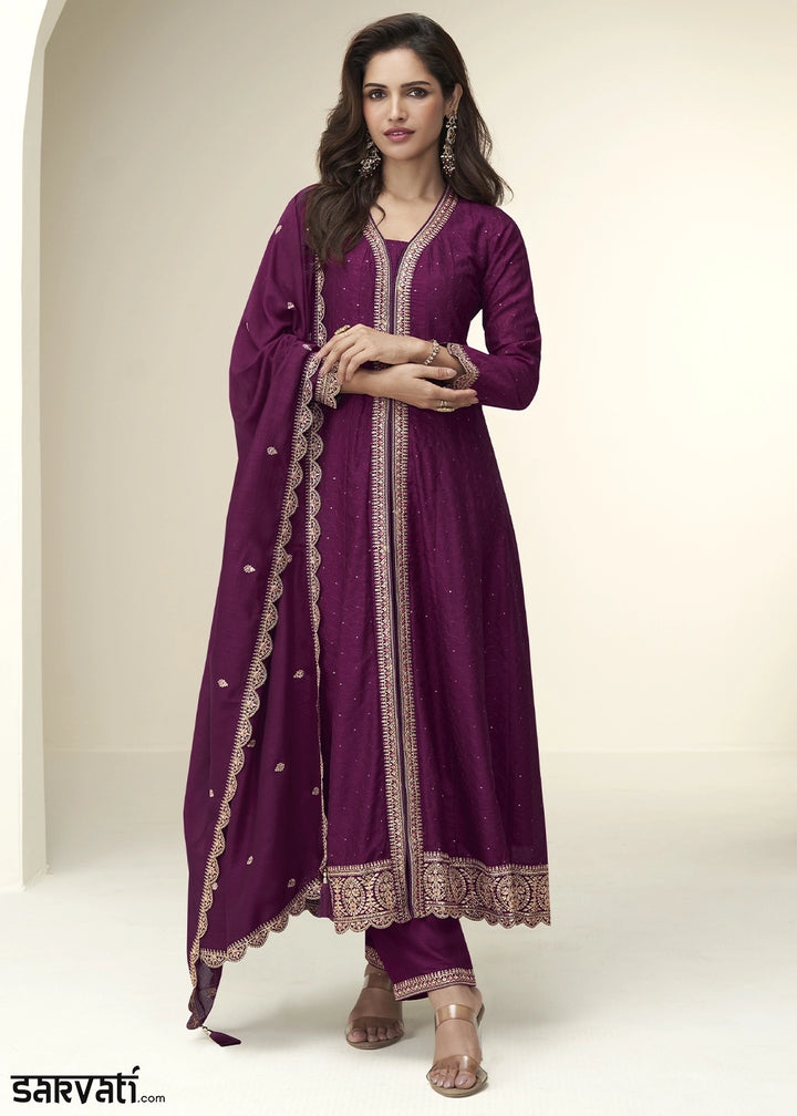 Tyrian Purple Embroidered Salwar Suit in Silk Fabric
