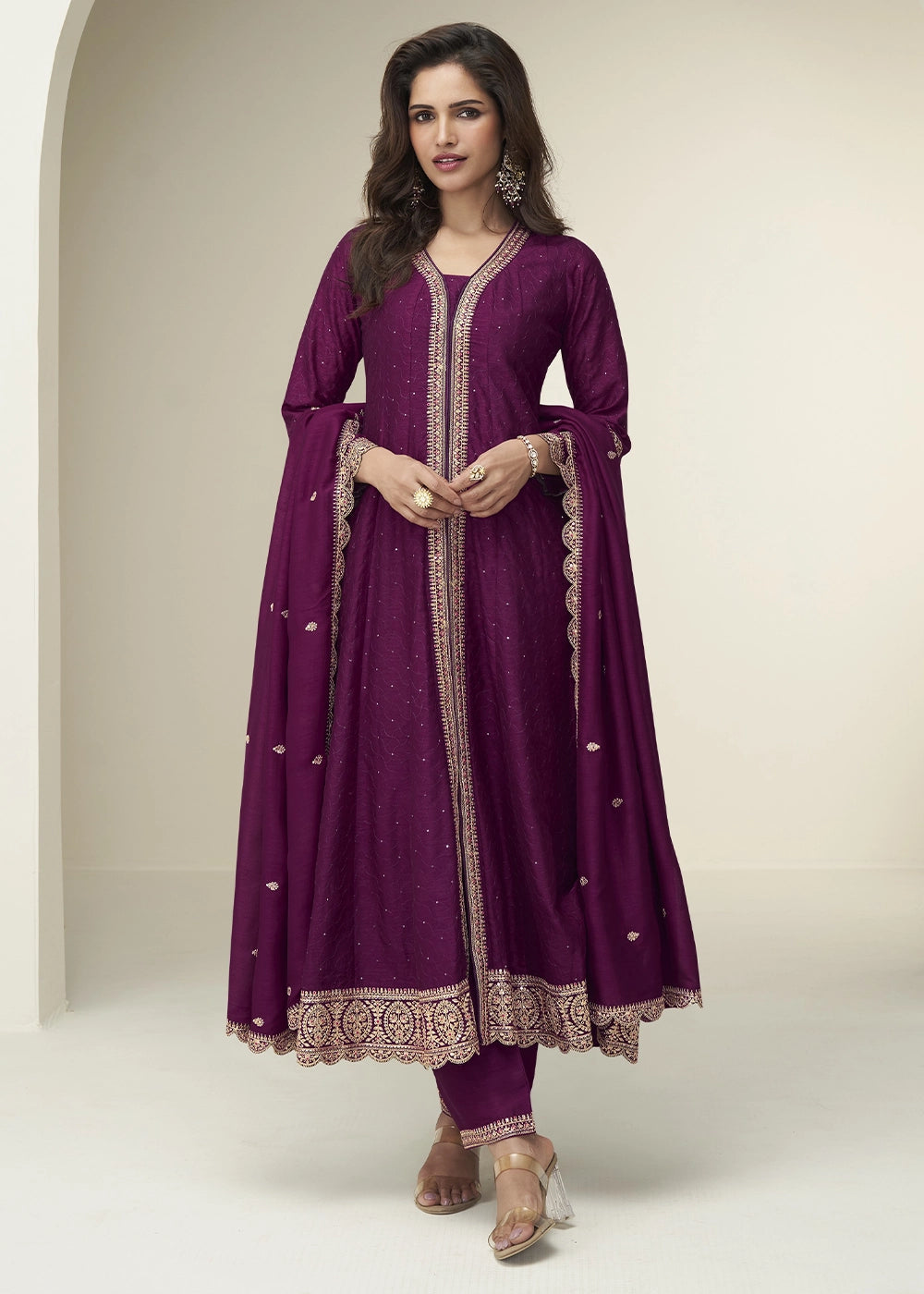 Tyrian Purple Embroidered Salwar Suit in Silk Fabric
