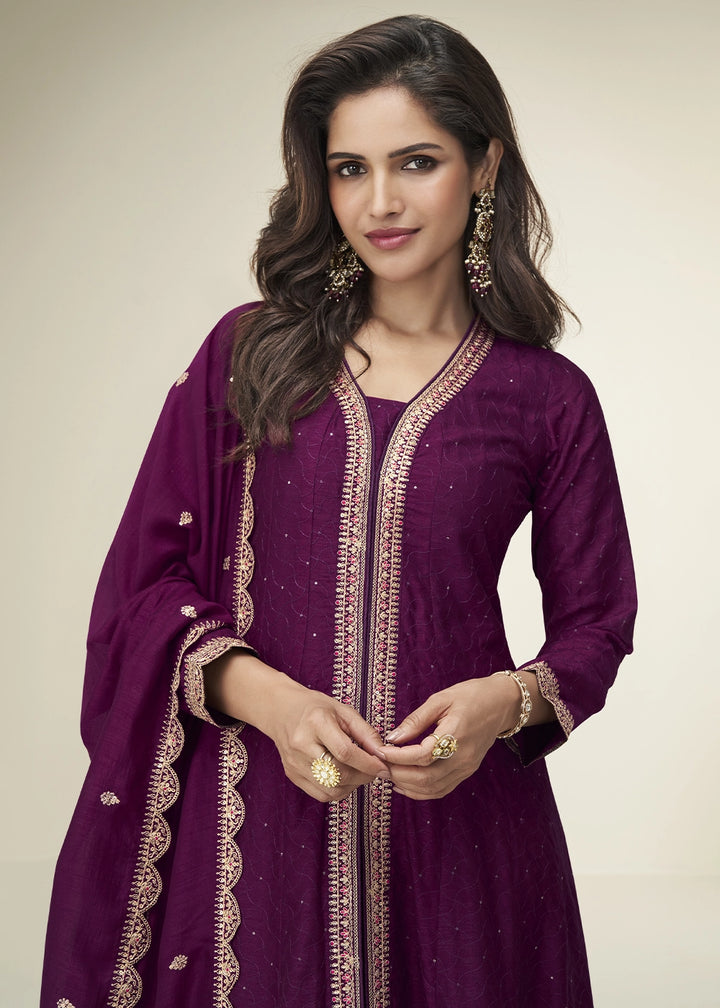 Tyrian Purple Embroidered Salwar Suit in Silk Fabric