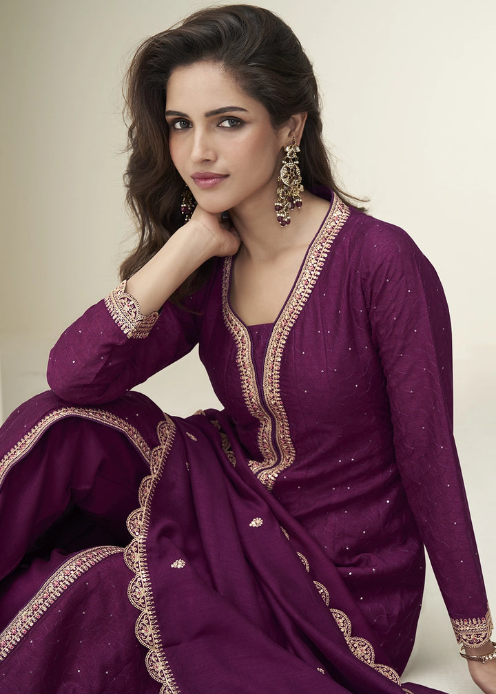 Tyrian Purple Embroidered Salwar Suit in Silk Fabric