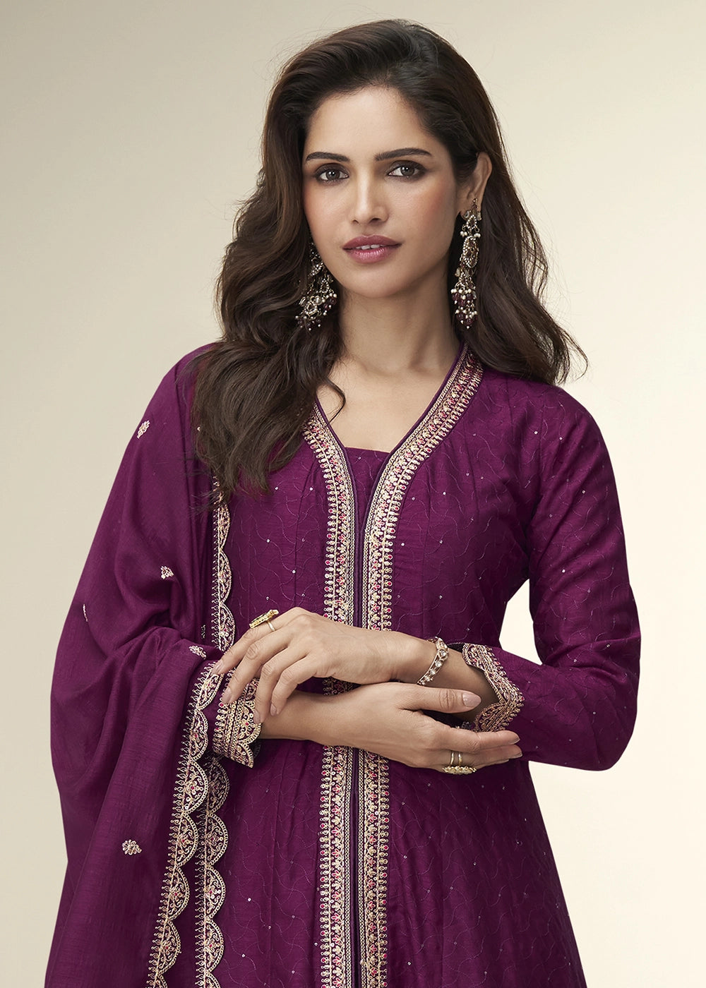 Tyrian Purple Embroidered Salwar Suit in Silk Fabric