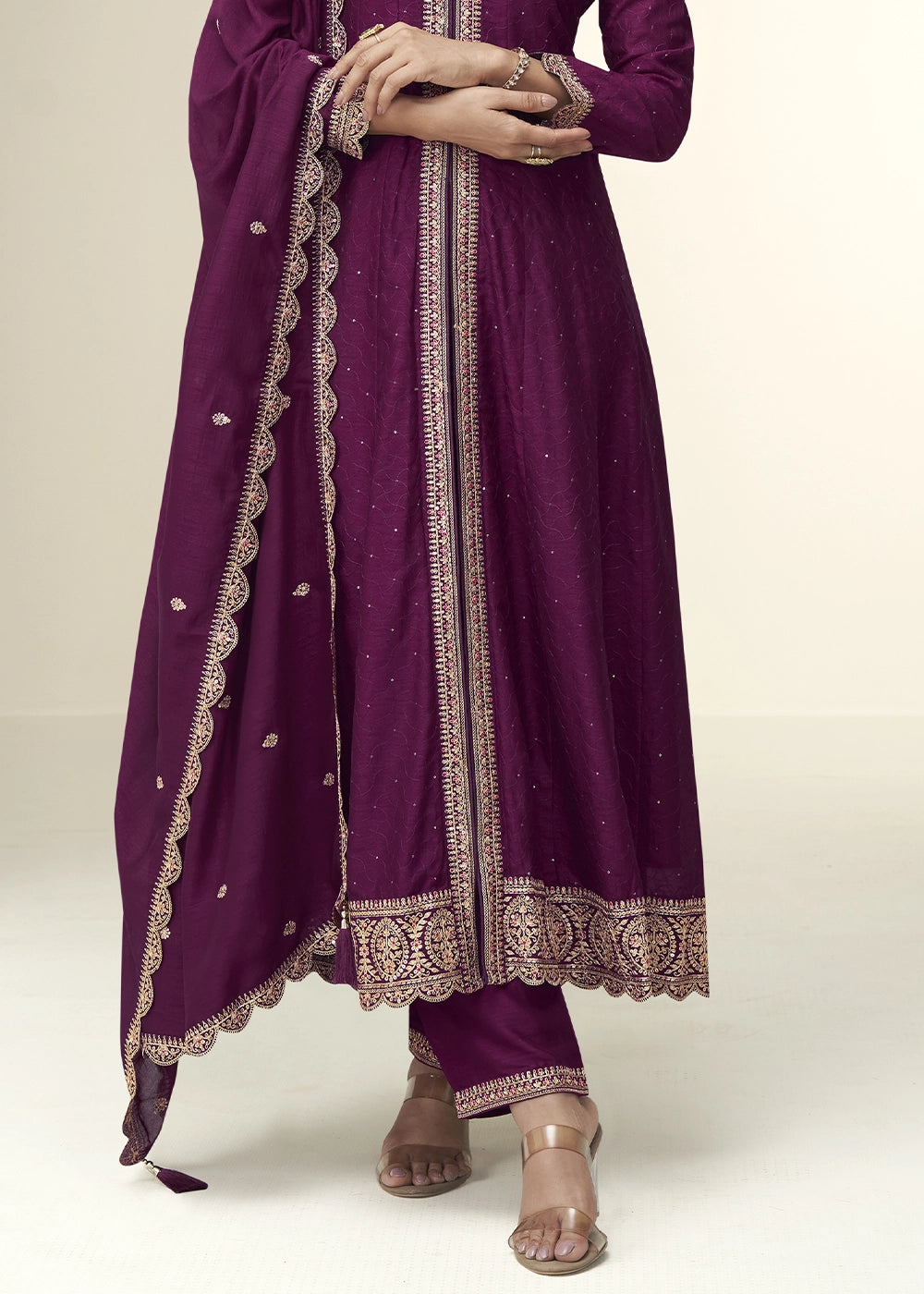 Tyrian Purple Embroidered Salwar Suit in Silk Fabric