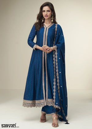 Admiral Blue Embroidered Salwar Suit in Silk Fabric