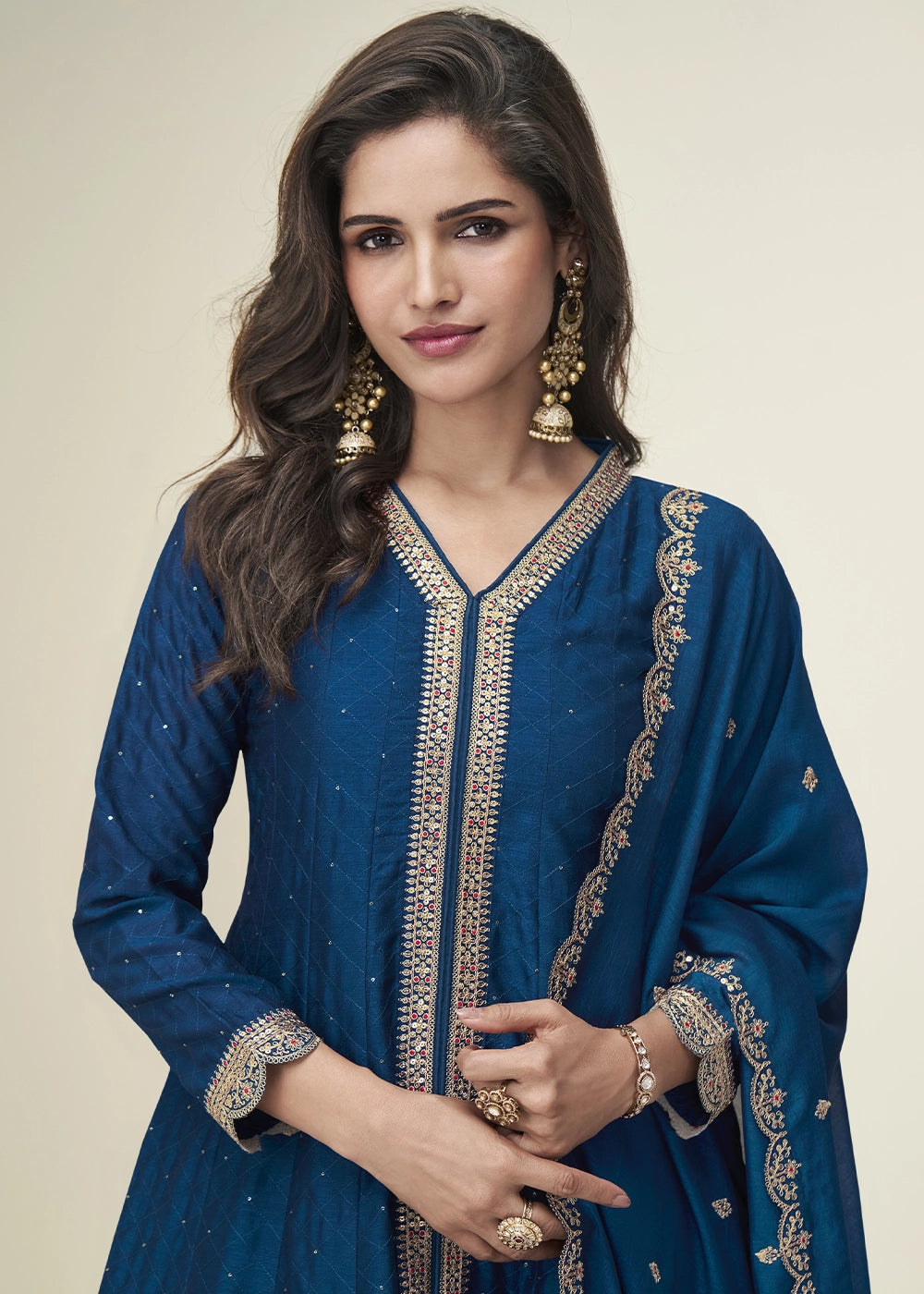 Admiral Blue Embroidered Salwar Suit in Silk Fabric