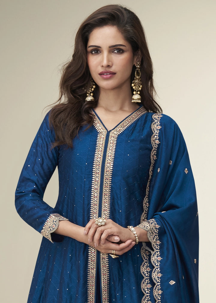 Admiral Blue Embroidered Salwar Suit in Silk Fabric