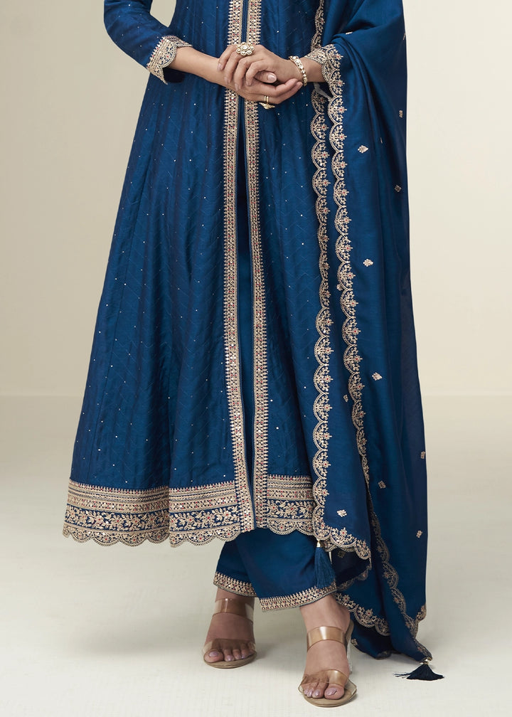 Admiral Blue Embroidered Salwar Suit in Silk Fabric
