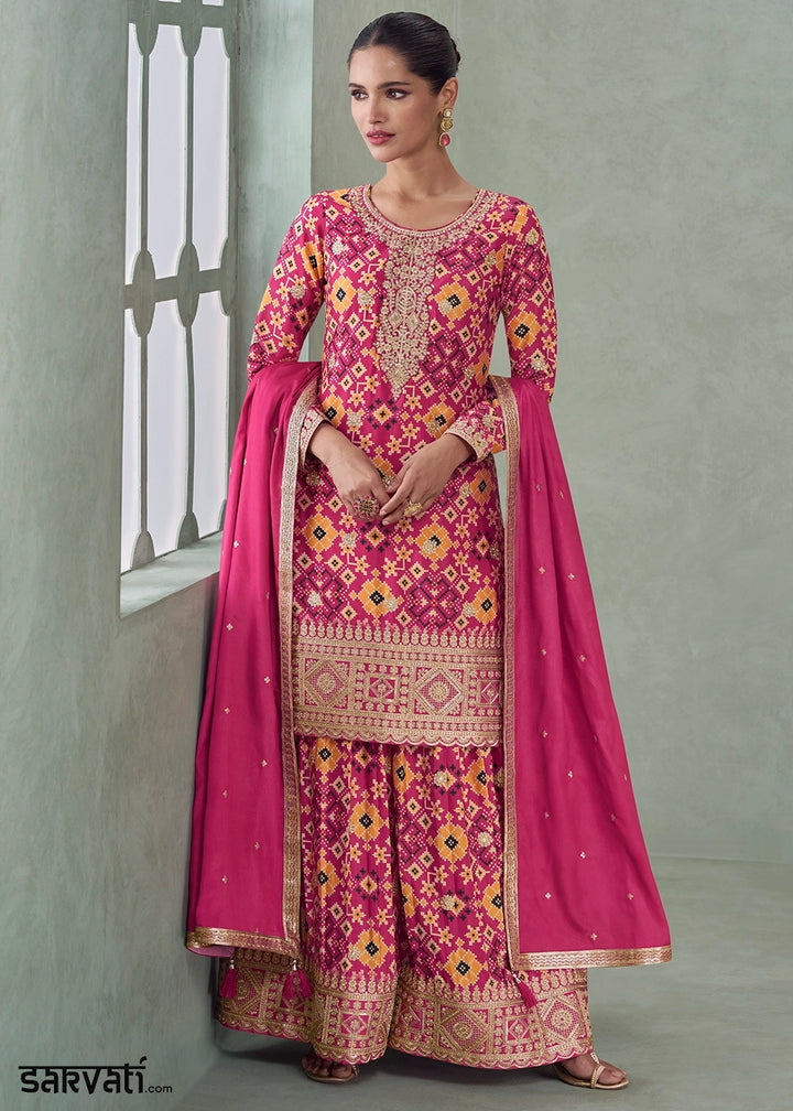 Wild Hibiscus Pink Embroidered Palazzo Suit in Chinon Silk Fabric