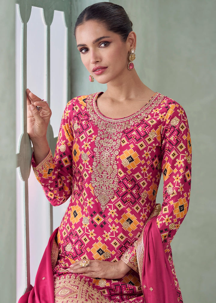 Wild Hibiscus Pink Embroidered Palazzo Suit in Chinon Silk Fabric
