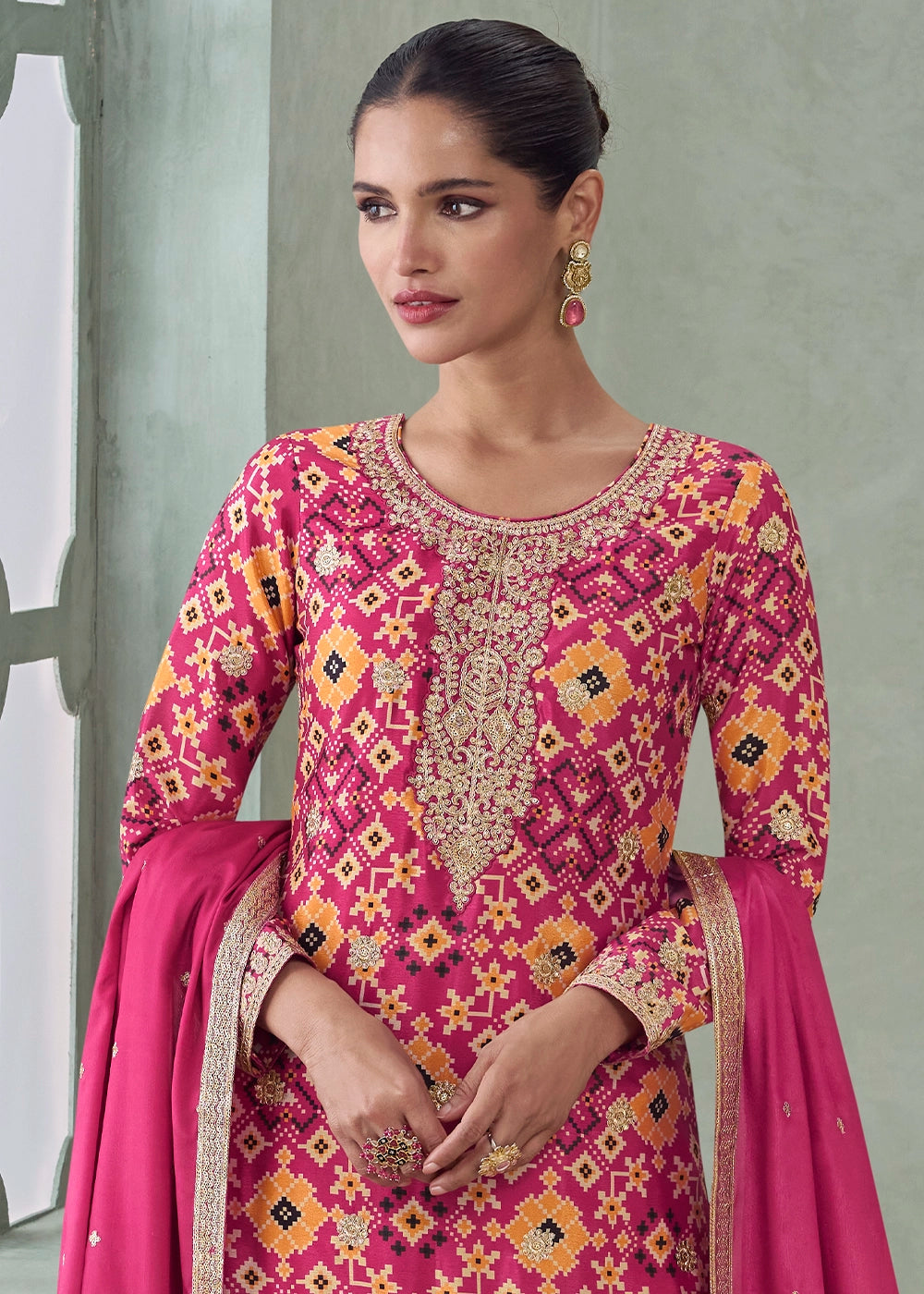 Wild Hibiscus Pink Embroidered Palazzo Suit in Chinon Silk Fabric