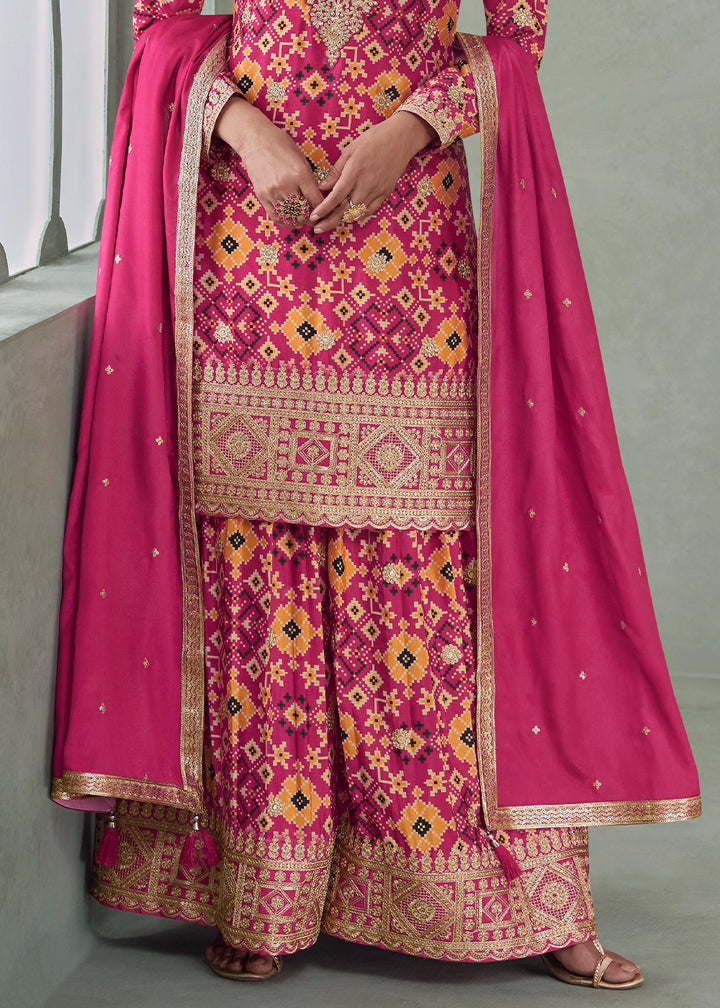 Wild Hibiscus Pink Embroidered Palazzo Suit in Chinon Silk Fabric