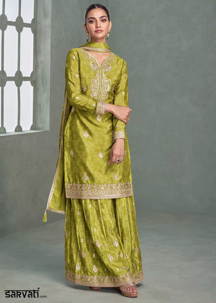 Limerick Green Embroidered Palazzo Suit in Chinon Silk Fabric
