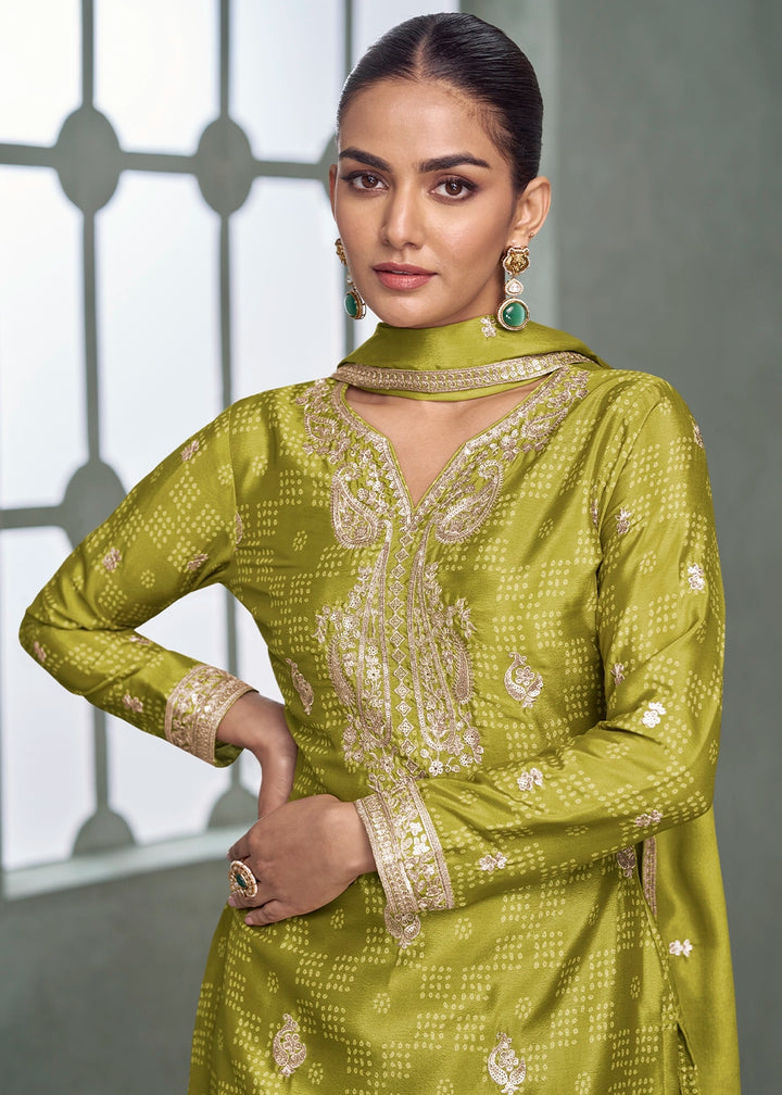 Limerick Green Embroidered Palazzo Suit in Chinon Silk Fabric