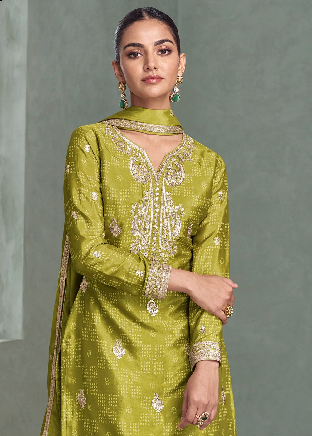 Limerick Green Embroidered Palazzo Suit in Chinon Silk Fabric