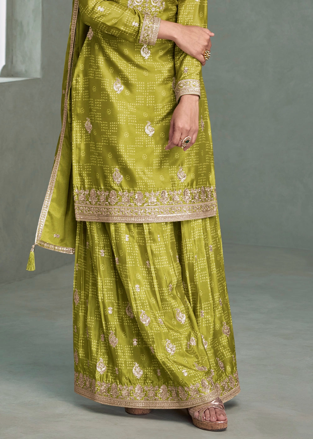 Limerick Green Embroidered Palazzo Suit in Chinon Silk Fabric