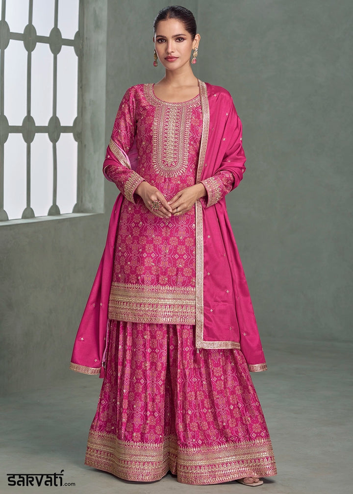 Deep Pink Embroidered Palazzo Suit in Chinon Silk Fabric