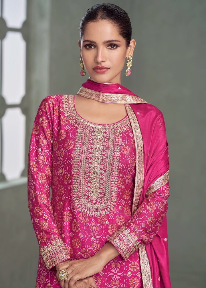 Deep Pink Embroidered Palazzo Suit in Chinon Silk Fabric