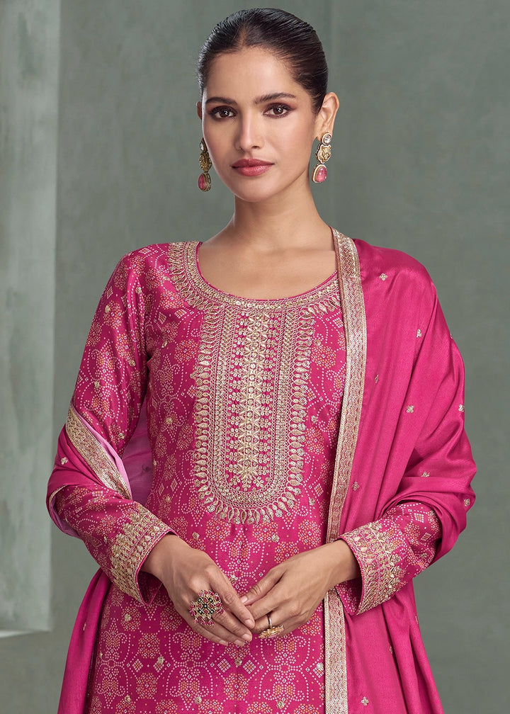 Deep Pink Embroidered Palazzo Suit in Chinon Silk Fabric